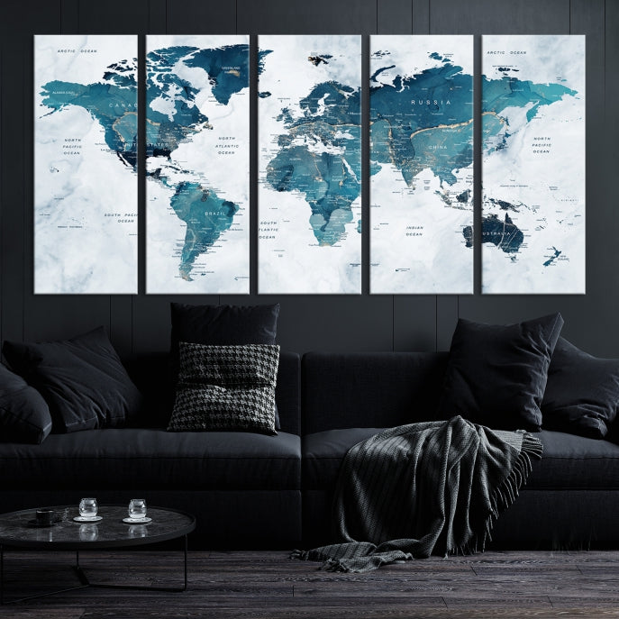 Large Push Pin World Map Watercolor Wall Art Canvas Print