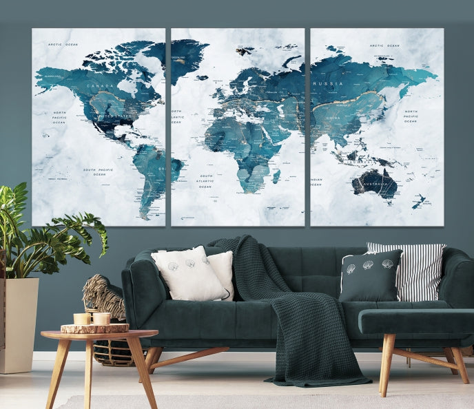 Large Push Pin World Map Watercolor Wall Art Canvas Print