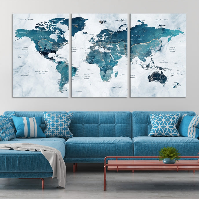 Large Push Pin World Map Watercolor Wall Art Canvas Print