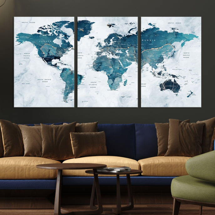 Large Push Pin World Map Watercolor Wall Art Canvas Print