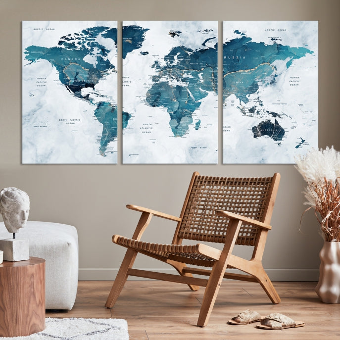 Large Push Pin World Map Watercolor Wall Art Canvas Print