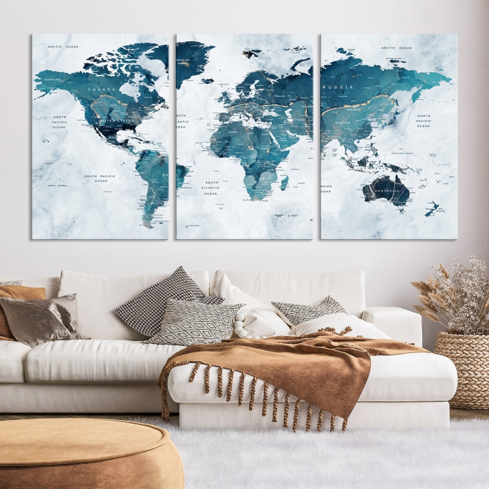 Large Push Pin World Map Watercolor Wall Art Canvas Print