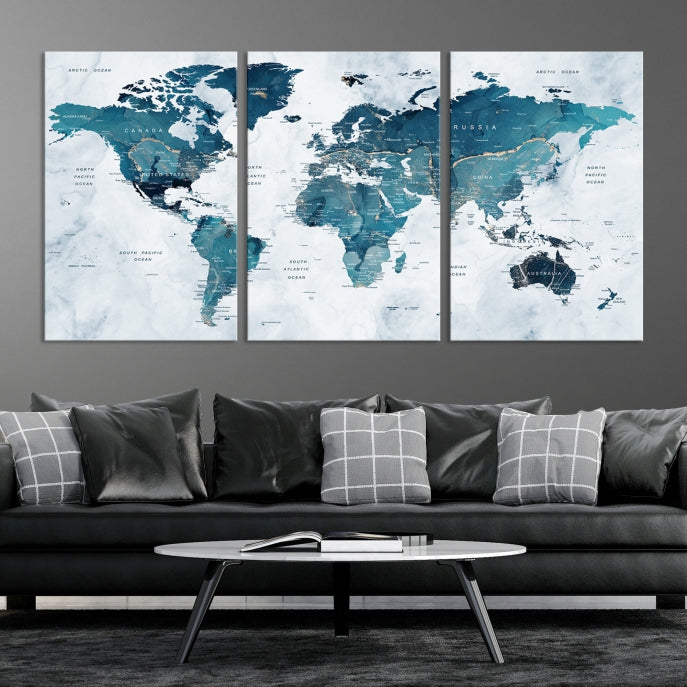 Large Push Pin World Map Watercolor Wall Art Canvas Print