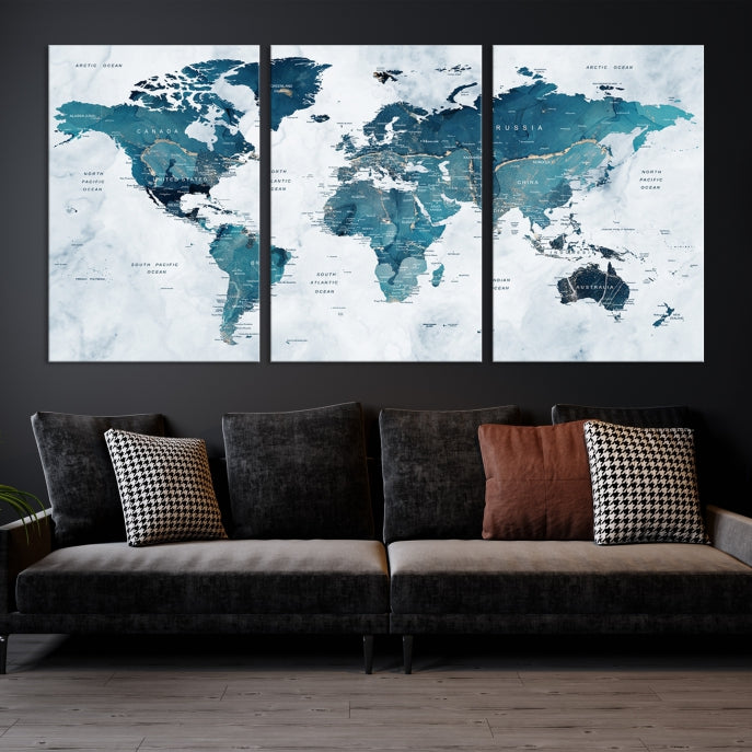 Large Push Pin World Map Watercolor Wall Art Canvas Print