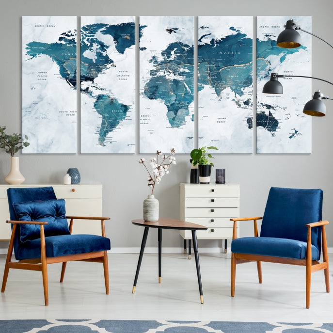 Large Push Pin World Map Watercolor Wall Art Canvas Print