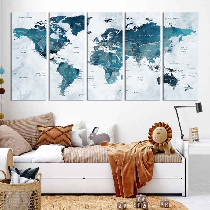 Large Push Pin World Map Watercolor Wall Art Canvas Print