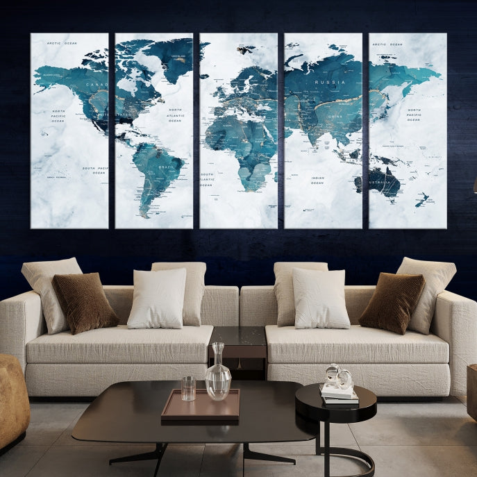 Large Push Pin World Map Watercolor Wall Art Canvas Print