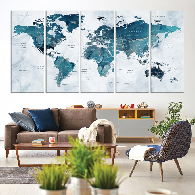 Large Push Pin World Map Watercolor Wall Art Canvas Print