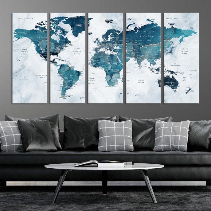 Large Push Pin World Map Watercolor Wall Art Canvas Print