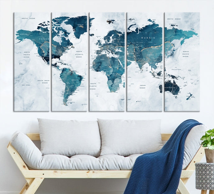 Large Push Pin World Map Watercolor Wall Art Canvas Print