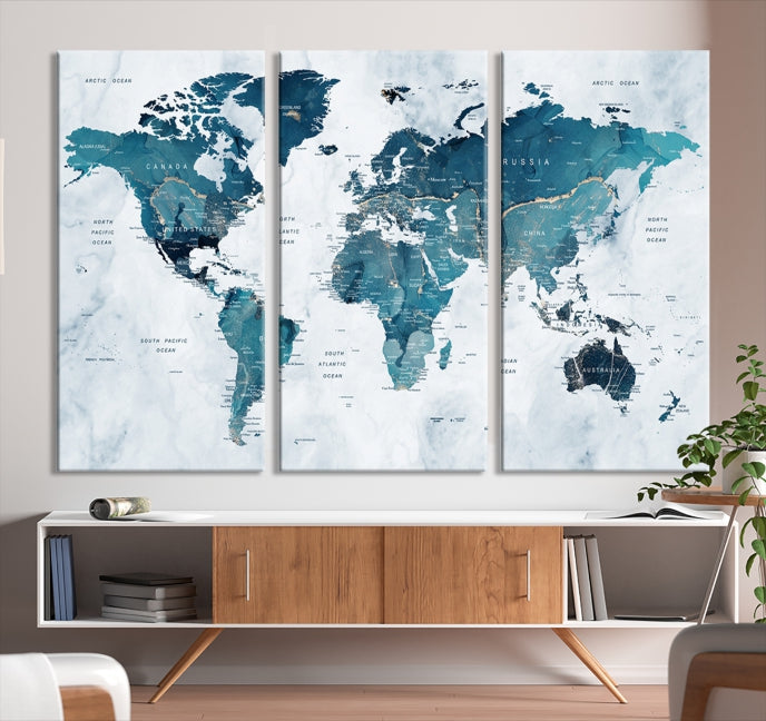 Large Push Pin World Map Watercolor Wall Art Canvas Print