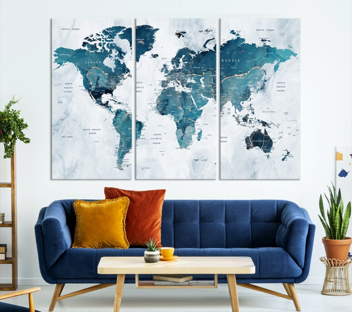 Large Push Pin World Map Watercolor Wall Art Canvas Print