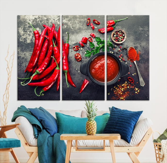 Large Red Chili Peppers Wall Art Kitchen Artwork Canvas Print