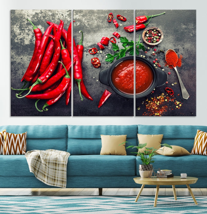 Large Red Chili Peppers Wall Art Kitchen Artwork Canvas Print