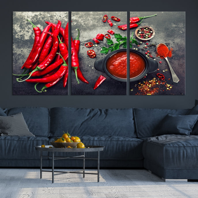 Large Red Chili Peppers Wall Art Kitchen Artwork Canvas Print