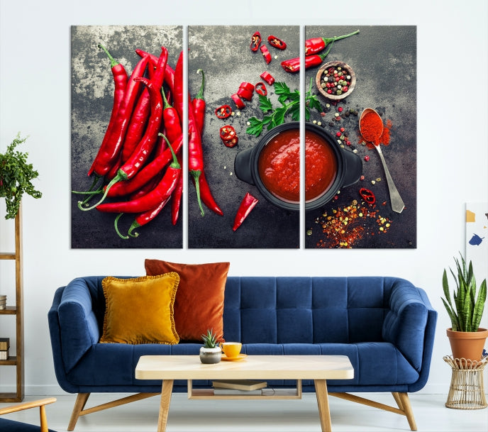 Large Red Chili Peppers Wall Art Kitchen Artwork Canvas Print