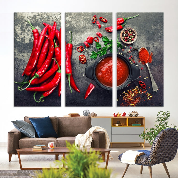 Large Red Chili Peppers Wall Art Kitchen Artwork Canvas Print