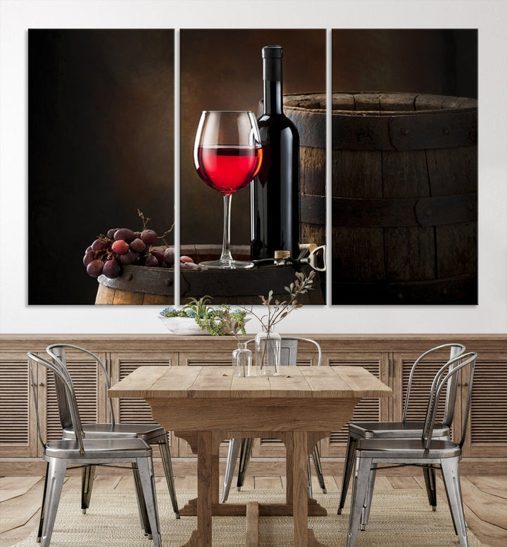 Large Red Wine Bottle and Tun Giclee Canvas Wall Art Print