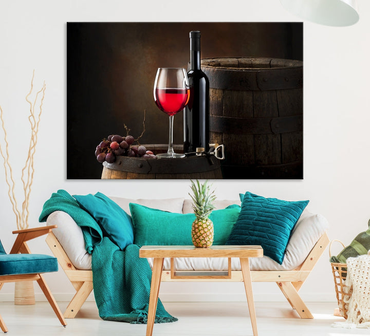 Large Red Wine Bottle and Tun Giclee Canvas Wall Art Print