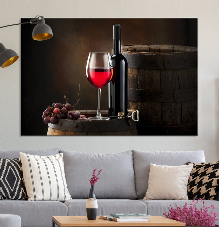 Large Red Wine Bottle and Tun Giclee Canvas Wall Art Print