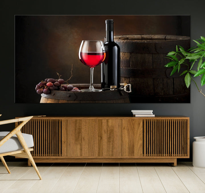 Large Red Wine Bottle and Tun Giclee Canvas Wall Art Print