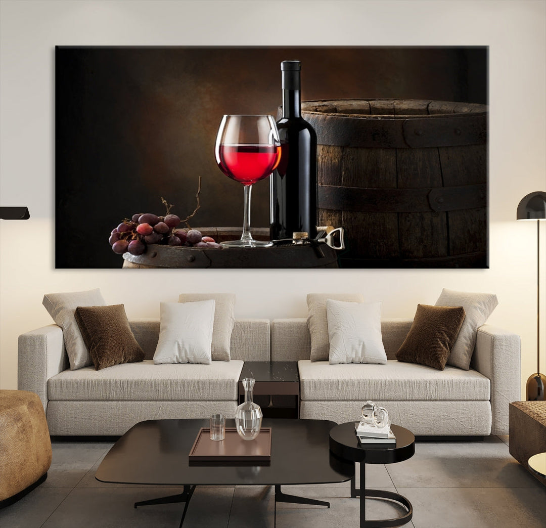 Large Red Wine Bottle and Tun Giclee Canvas Wall Art Print