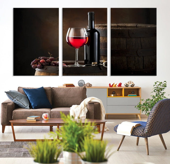 Large Red Wine Bottle and Tun Giclee Canvas Wall Art Print