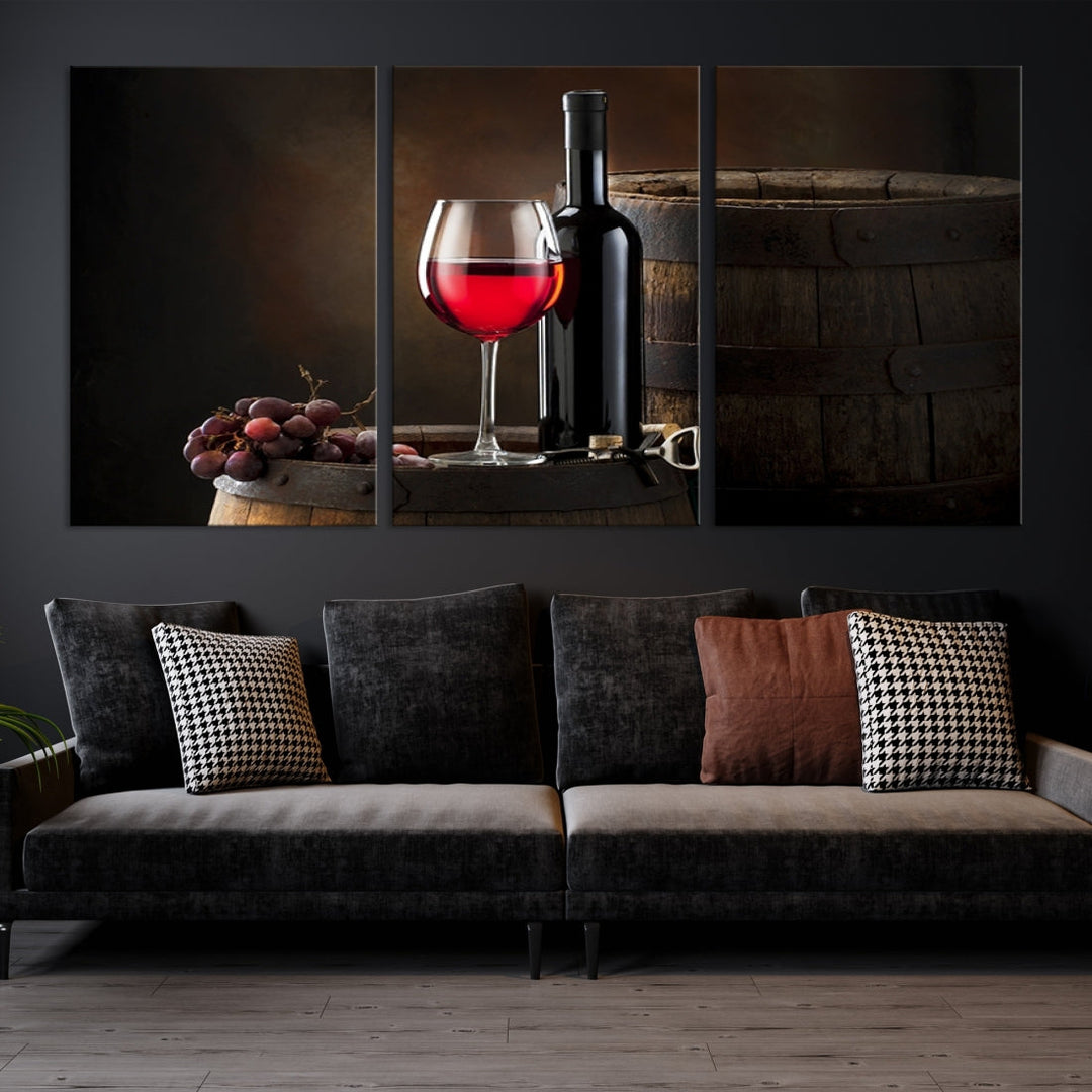 Large Red Wine Bottle and Tun Giclee Canvas Wall Art Print