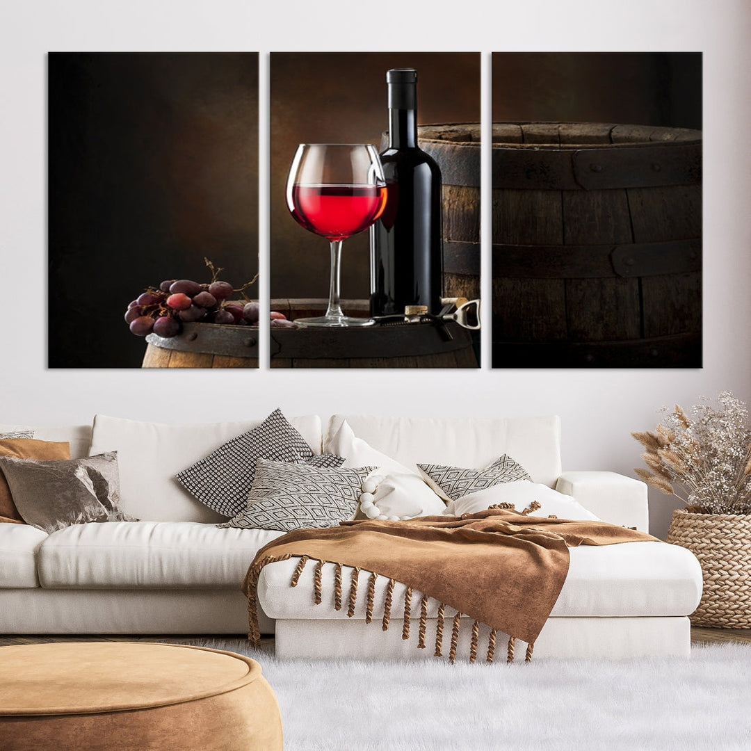 Large Red Wine Bottle and Tun Giclee Canvas Wall Art Print