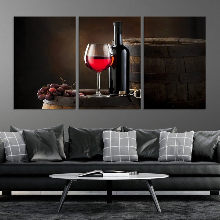 Large Red Wine Bottle and Tun Giclee Canvas Wall Art Print