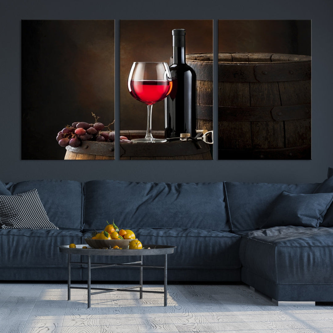 Large Red Wine Bottle and Tun Giclee Canvas Wall Art Print