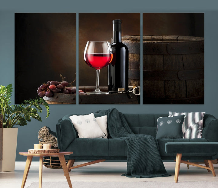 Large Red Wine Bottle and Tun Giclee Canvas Wall Art Print