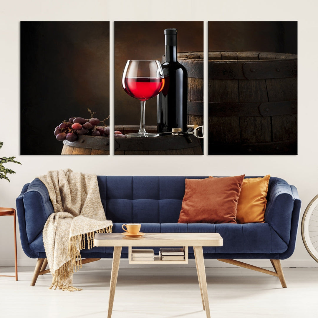 Large Red Wine Bottle and Tun Giclee Canvas Wall Art Print