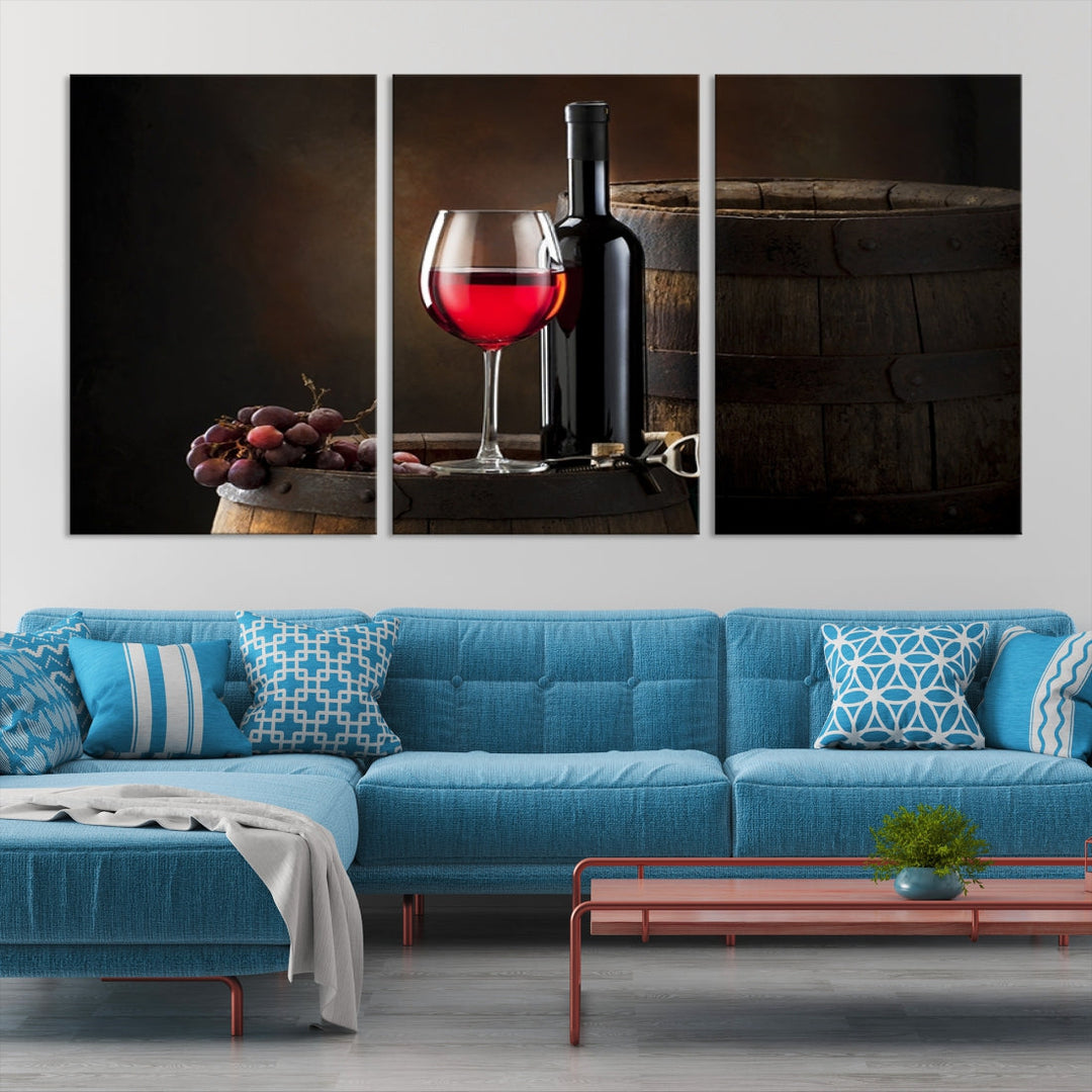 Large Red Wine Bottle and Tun Giclee Canvas Wall Art Print