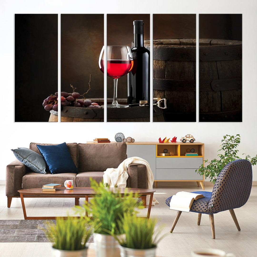 Large Red Wine Bottle and Tun Giclee Canvas Wall Art Print