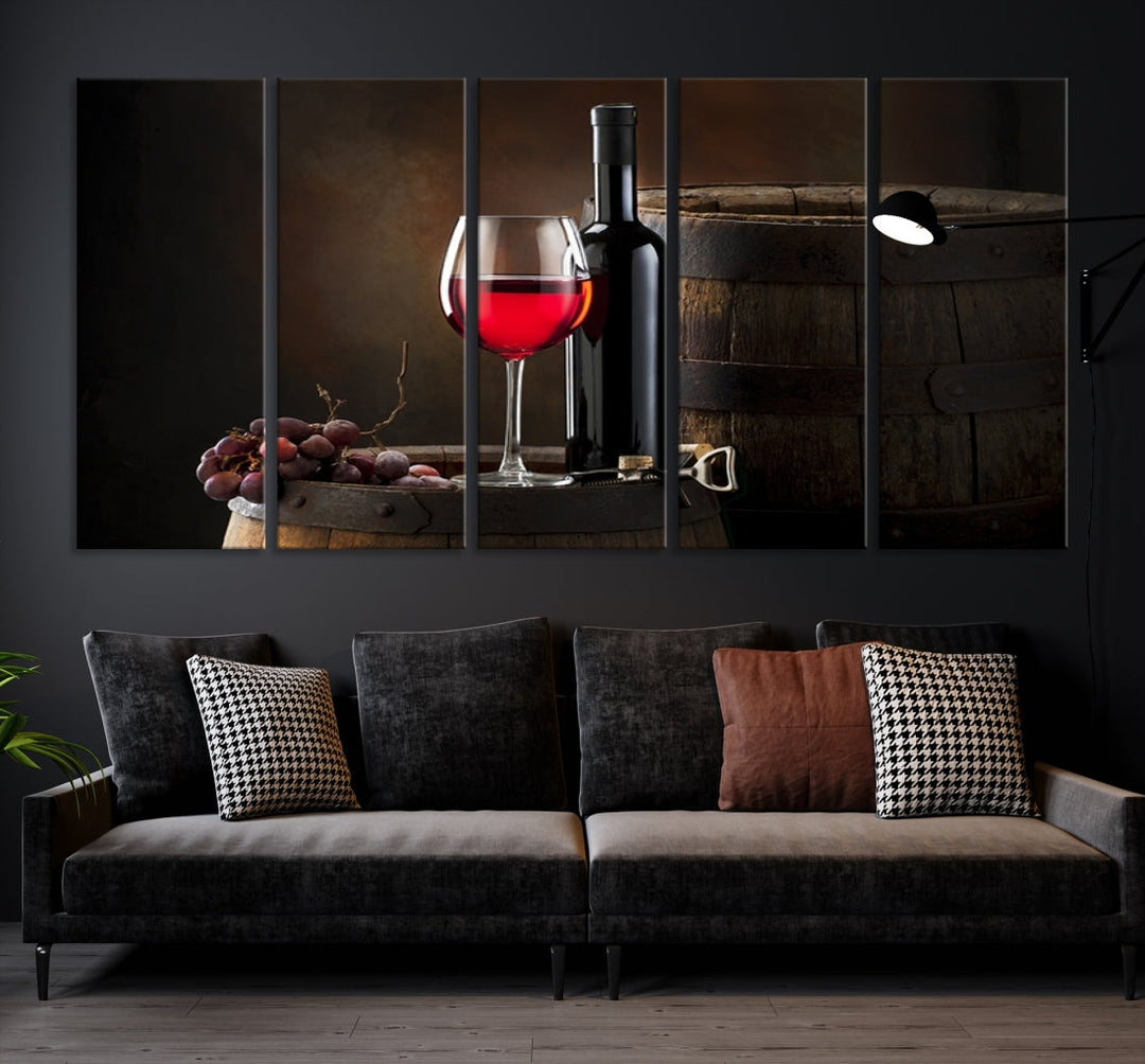 Large Red Wine Bottle and Tun Giclee Canvas Wall Art Print