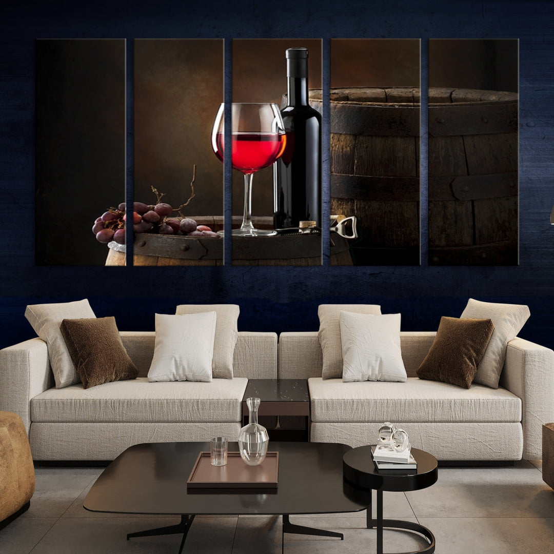 Large Red Wine Bottle and Tun Giclee Canvas Wall Art Print