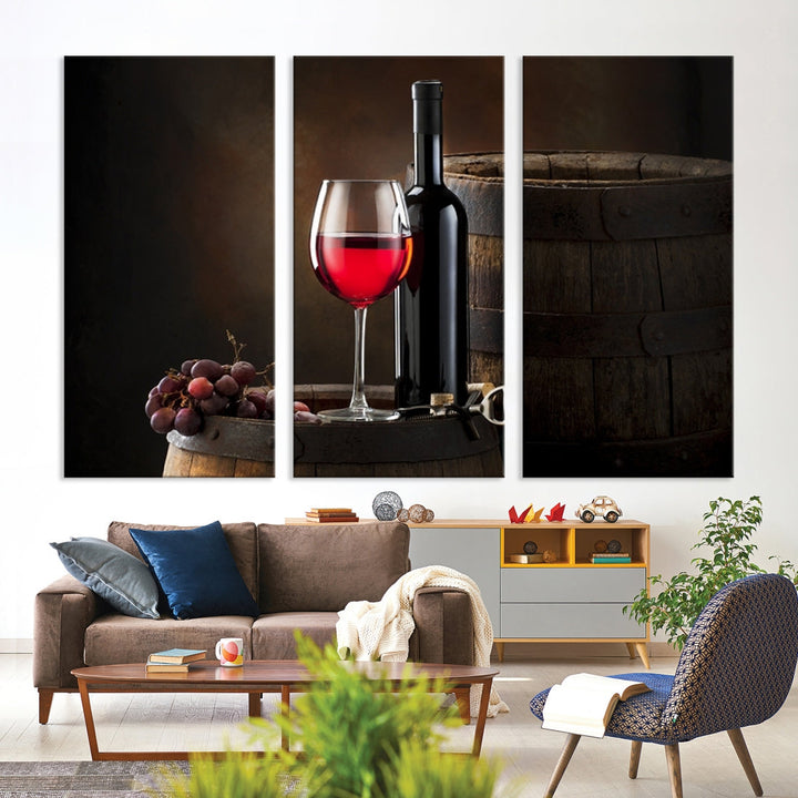 Large Red Wine Bottle and Tun Giclee Canvas Wall Art Print