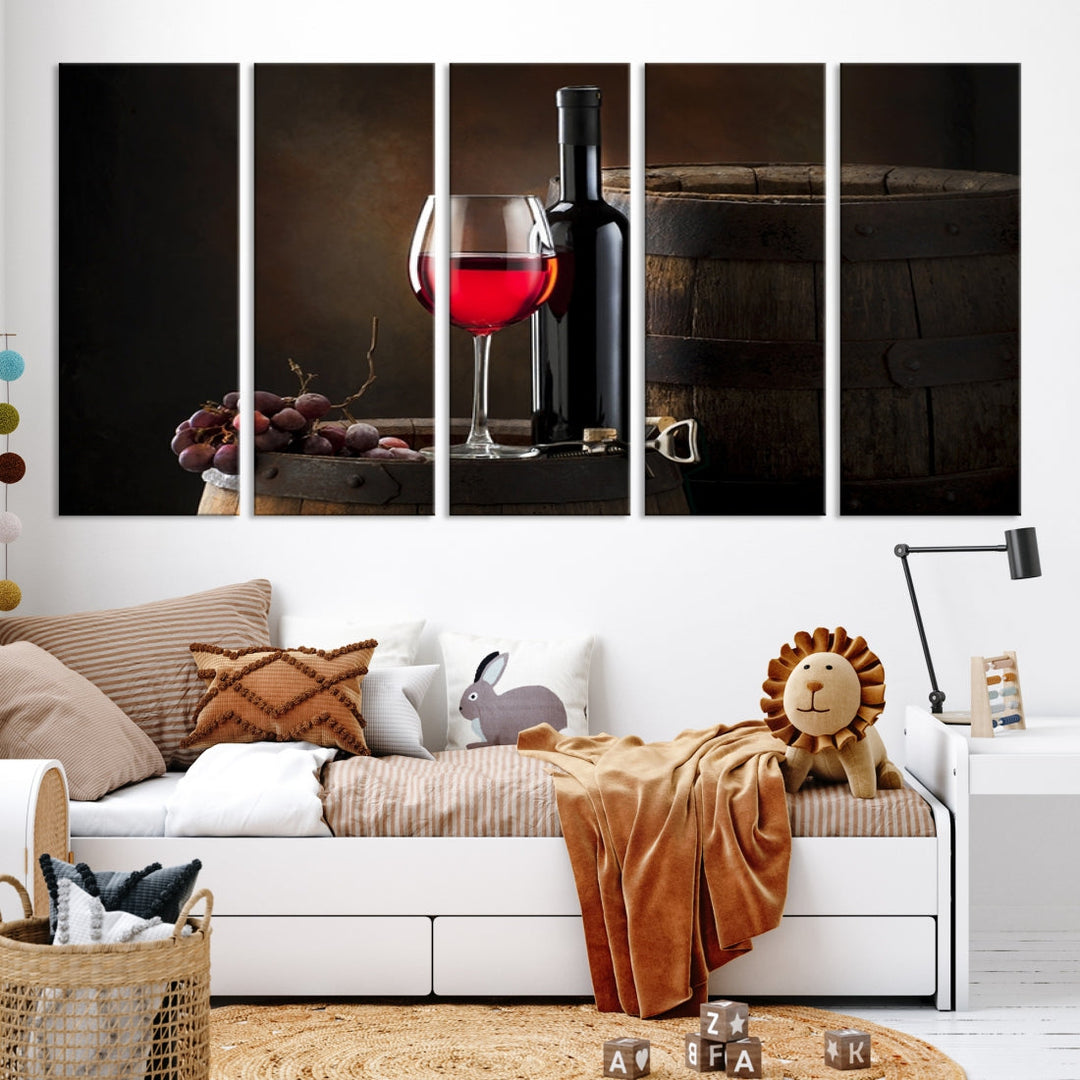 Large Red Wine Bottle and Tun Giclee Canvas Wall Art Print