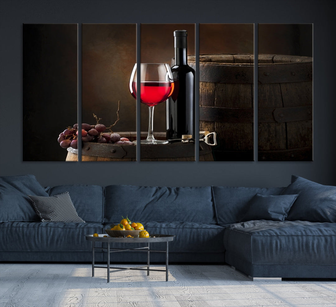 Large Red Wine Bottle and Tun Giclee Canvas Wall Art Print