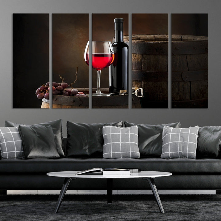 Large Red Wine Bottle and Tun Giclee Canvas Wall Art Print