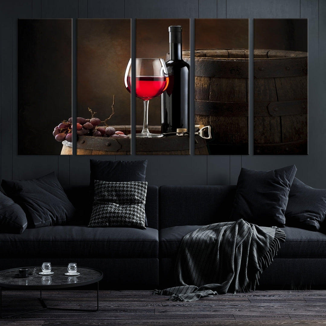 Large Red Wine Bottle and Tun Giclee Canvas Wall Art Print