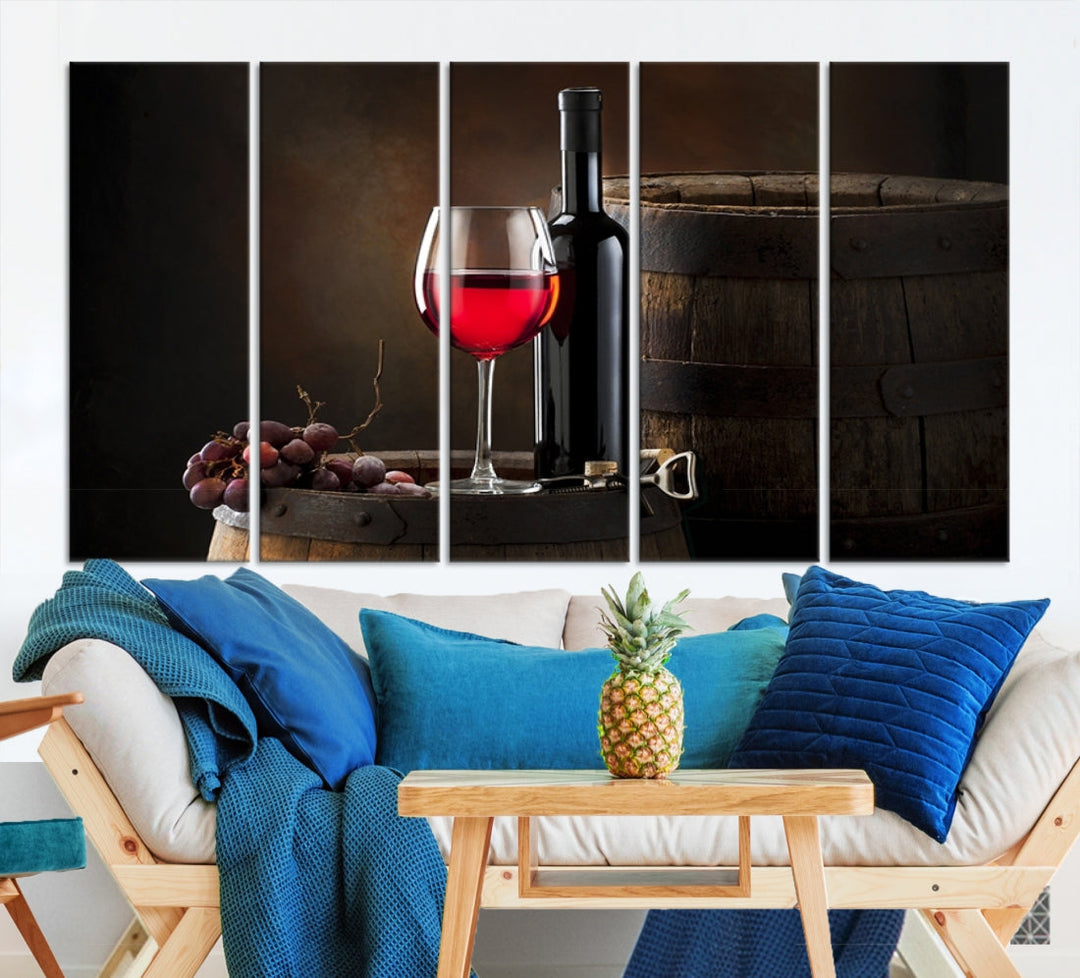 Large Red Wine Bottle and Tun Giclee Canvas Wall Art Print