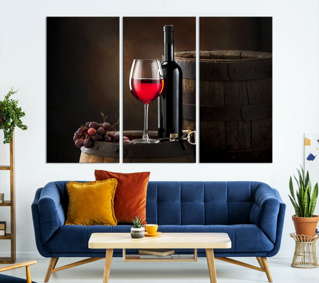 Large Red Wine Bottle and Tun Giclee Canvas Wall Art Print