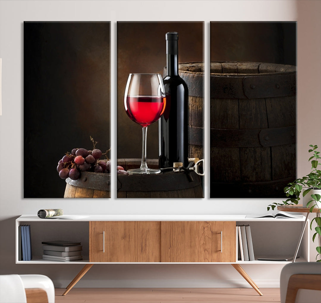 Large Red Wine Bottle and Tun Giclee Canvas Wall Art Print