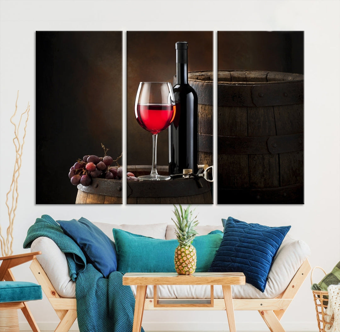 Large Red Wine Bottle and Tun Giclee Canvas Wall Art Print