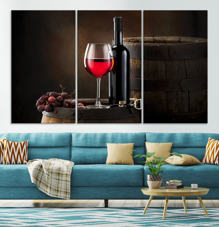 Large Red Wine Bottle and Tun Giclee Canvas Wall Art Print