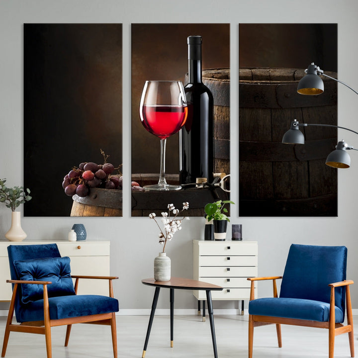 Large Red Wine Bottle and Tun Giclee Canvas Wall Art Print