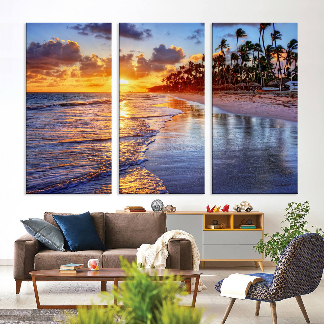 Large Sunset Beach Canvas Wall Art Print - Tropical Palm Tree Sunset Canvas Print, Golden Hour Coastal Beach Art Canvas Print, Perfect for Home Decor