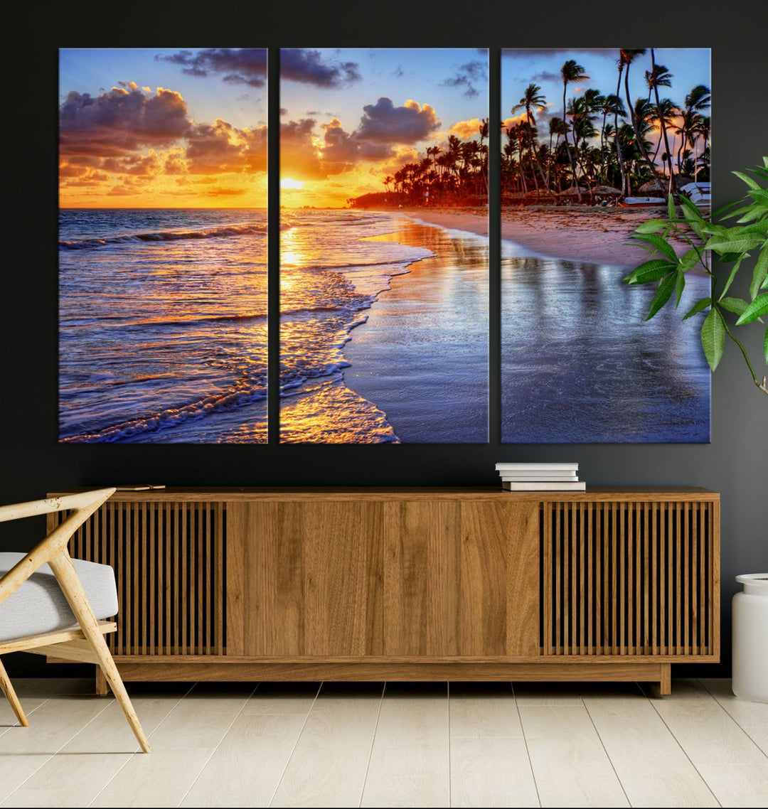 Large Sunset Beach Canvas Wall Art Print - Tropical Palm Tree Sunset Canvas Print, Golden Hour Coastal Beach Art Canvas Print, Perfect for Home Decor